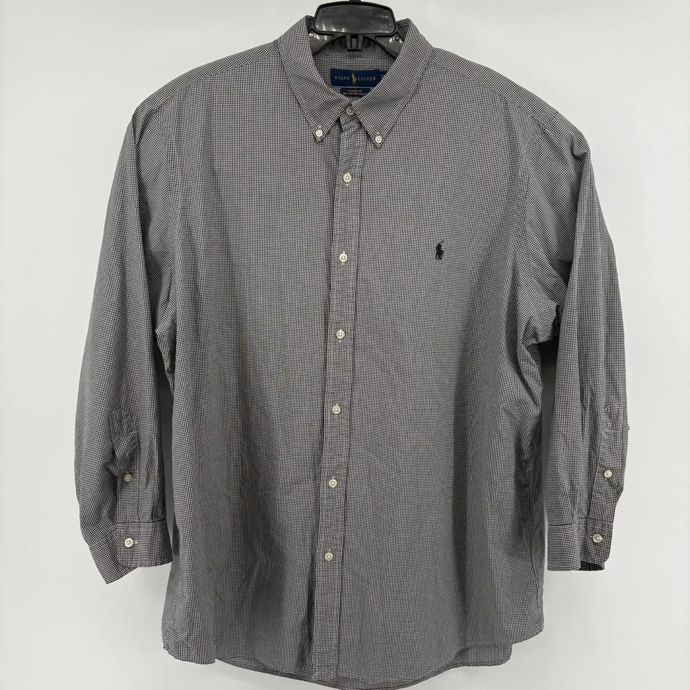 Ralph Lauren Mens XXL Classic Fit Gingham Button Down Shirt Black White Stretch